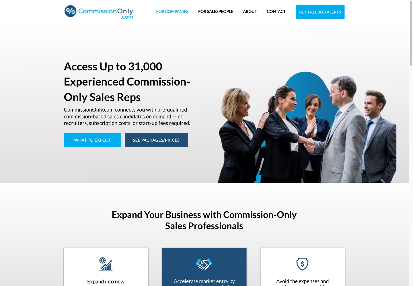 CommissionOnly.com company page advertising screened commission-only candidates