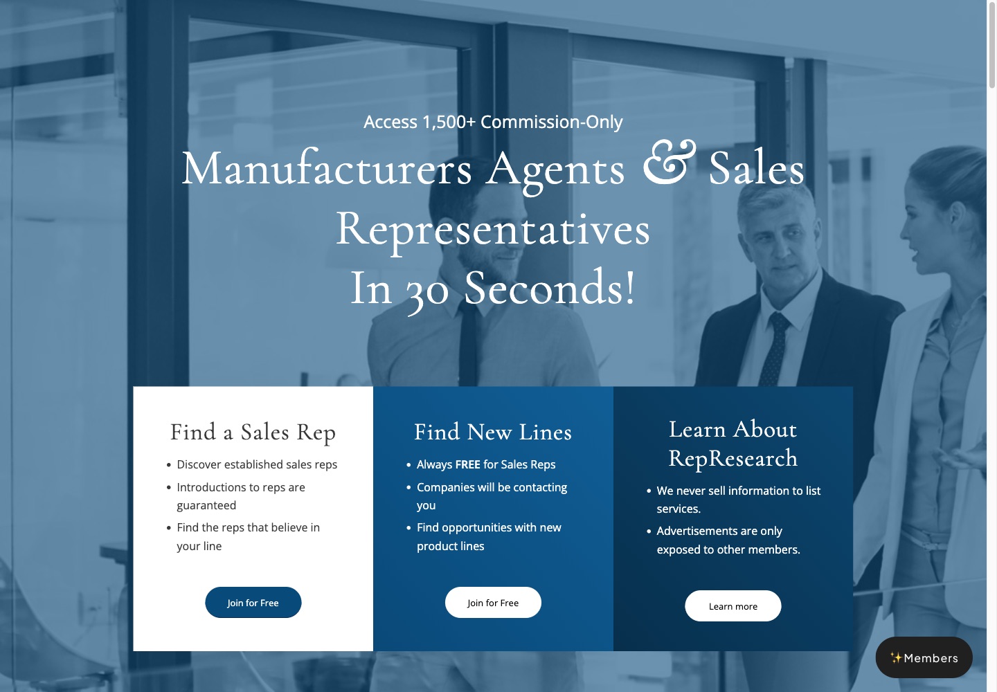 RepResearch public homepage describing its manufacturer-rep directory and industry coverage