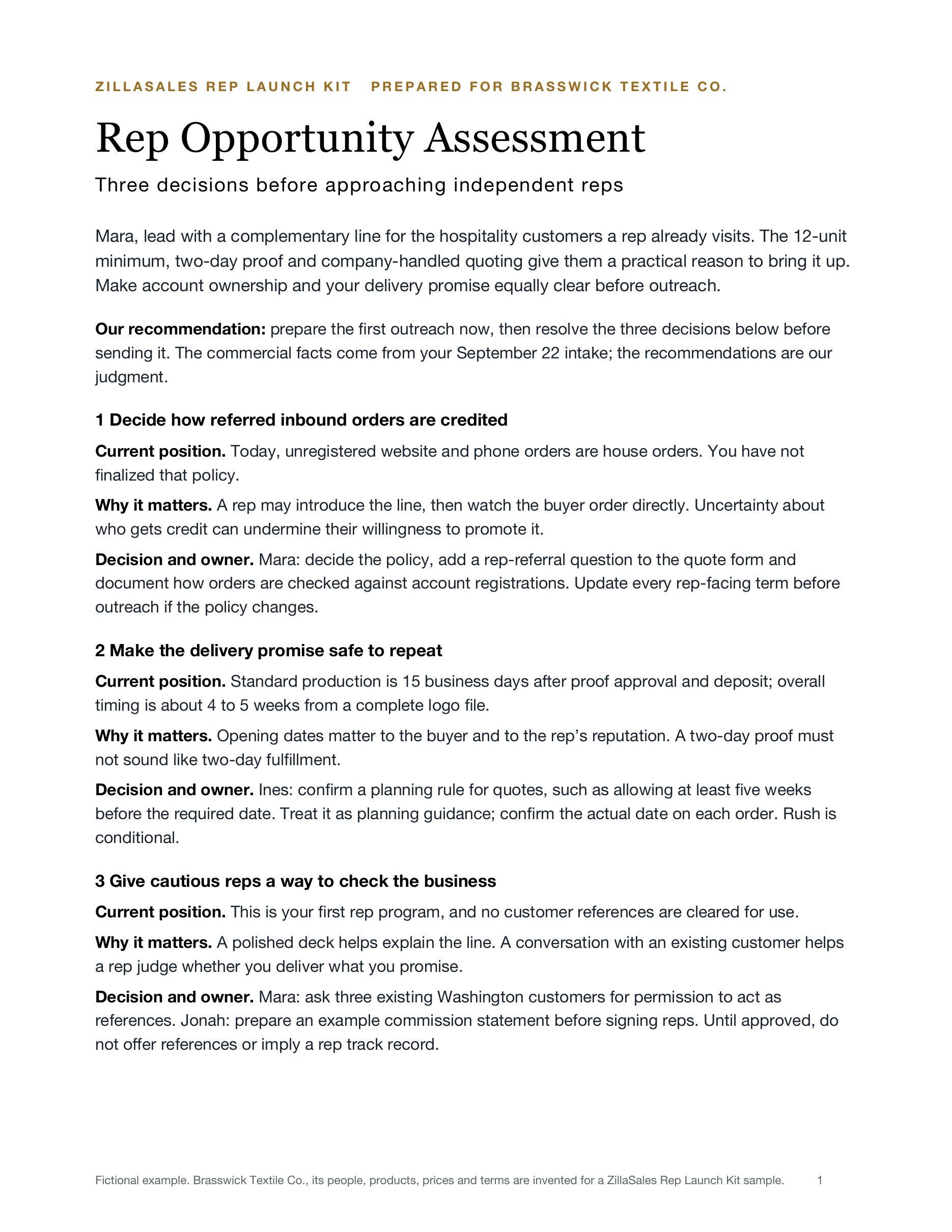Excerpt from assessment page 1: decide how referred inbound orders are credited, with the current position, why it matters, and the decision and owner.