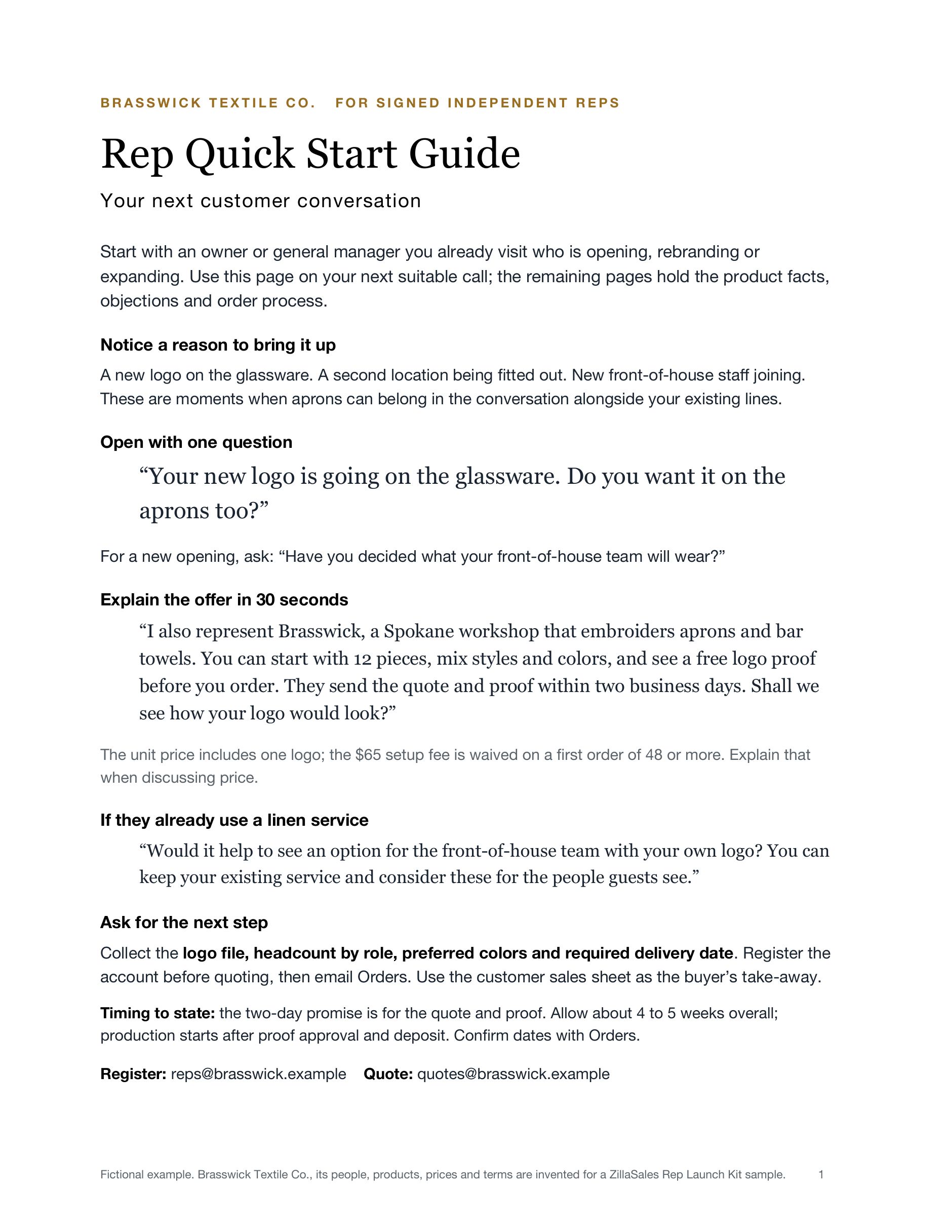 Excerpt from guide page 1: notice a reason to bring it up, open with one question, and explain the offer in 30 seconds.