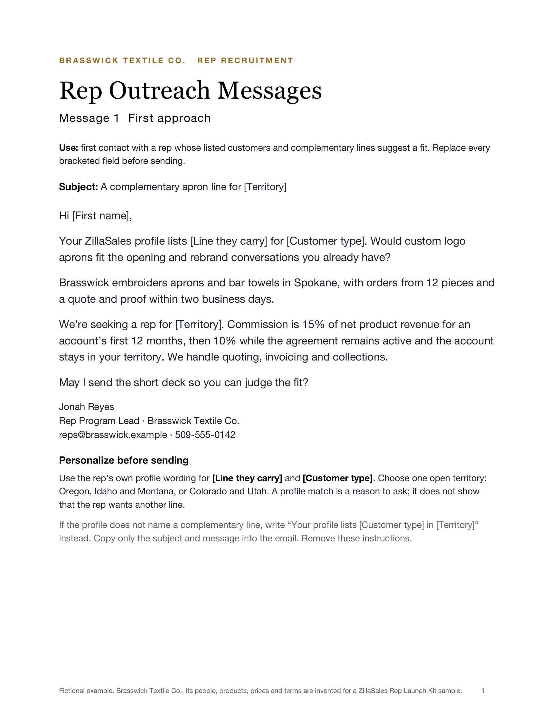 Excerpt from outreach message 1: subject line, a question about the rep’s existing opening and rebrand conversations, product facts, commission terms and a request to send the deck.