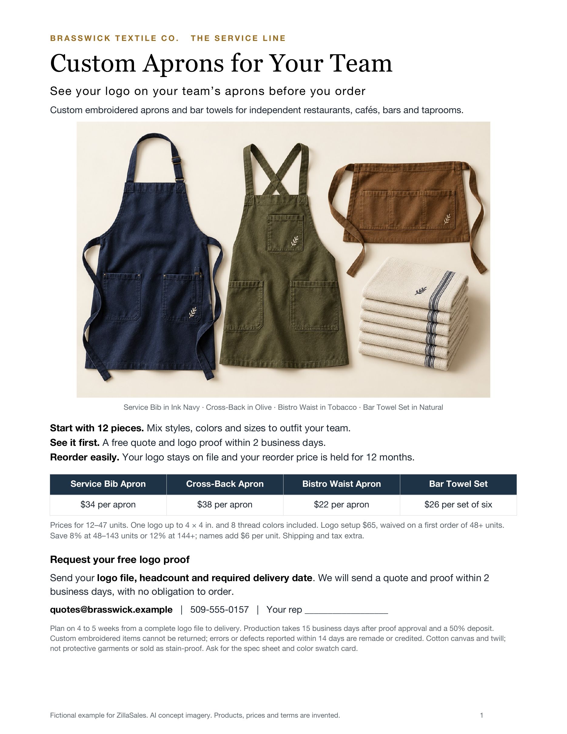 Customer sales sheet: Custom aprons for your team, with product photo, price table and a request for a free logo proof.