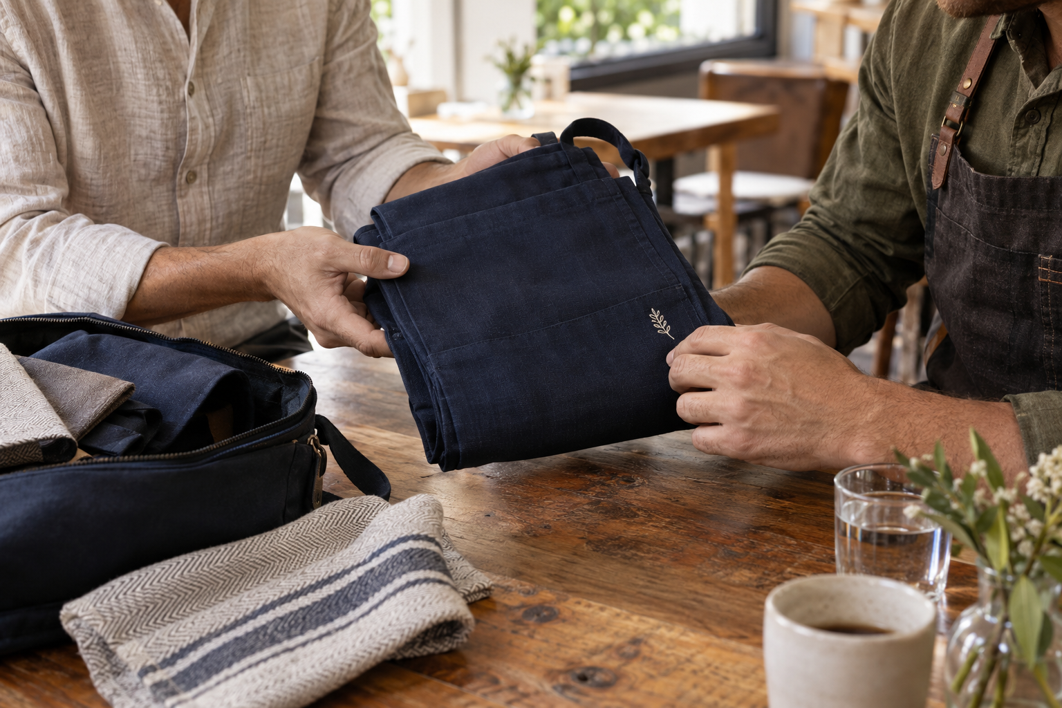 Illustrative image: a rep shows a navy embroidered apron and bar towel to a café owner across a wooden table.